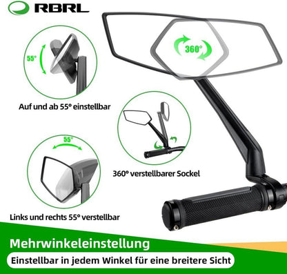RBRL Fahrradspiegel Extra Große Spiegelfläche Universal Echtglas Rückspiegel 360° Verstellbar Links