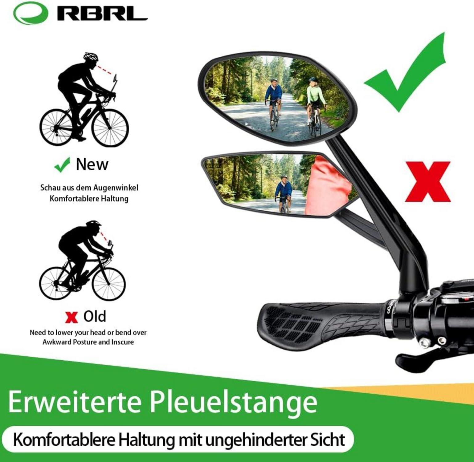 RBRL Fahrradspiegel Extra Große Spiegelfläche 360° verstellbarer Rückspiegel Echtglas Universal für e-bike Links Hilfsspiegel