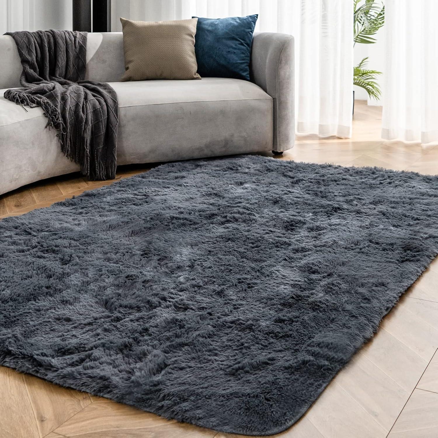 Großer Grauer Hochflor Shaggy Teppich Wohnzimmer