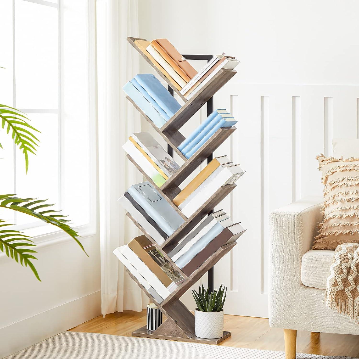 HOOBRO Bücherregal Baumform 9 Ebenen Metall Holzregal Greige/Schwarz 116 cm