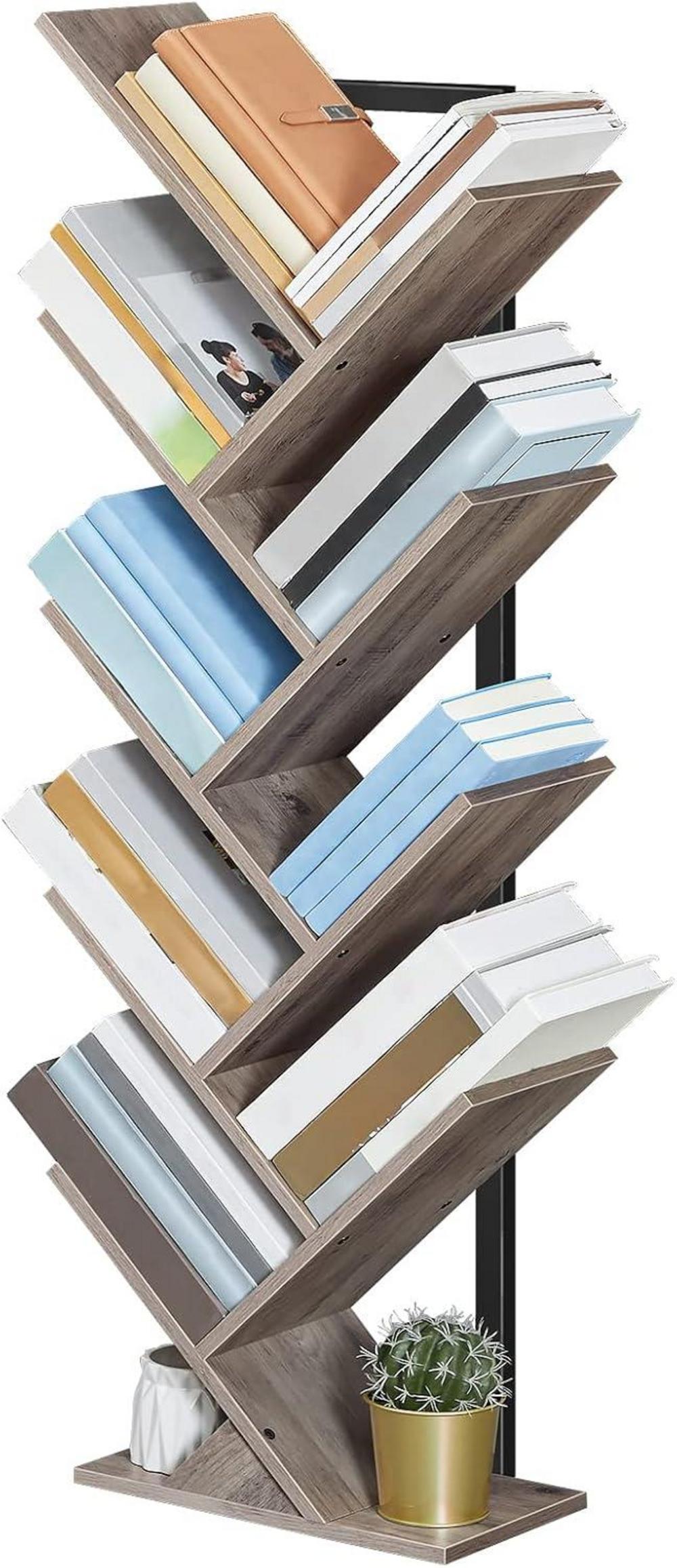 HOOBRO Bücherregal Baumform 9 Ebenen Metall Holzregal Greige/Schwarz 116 cm