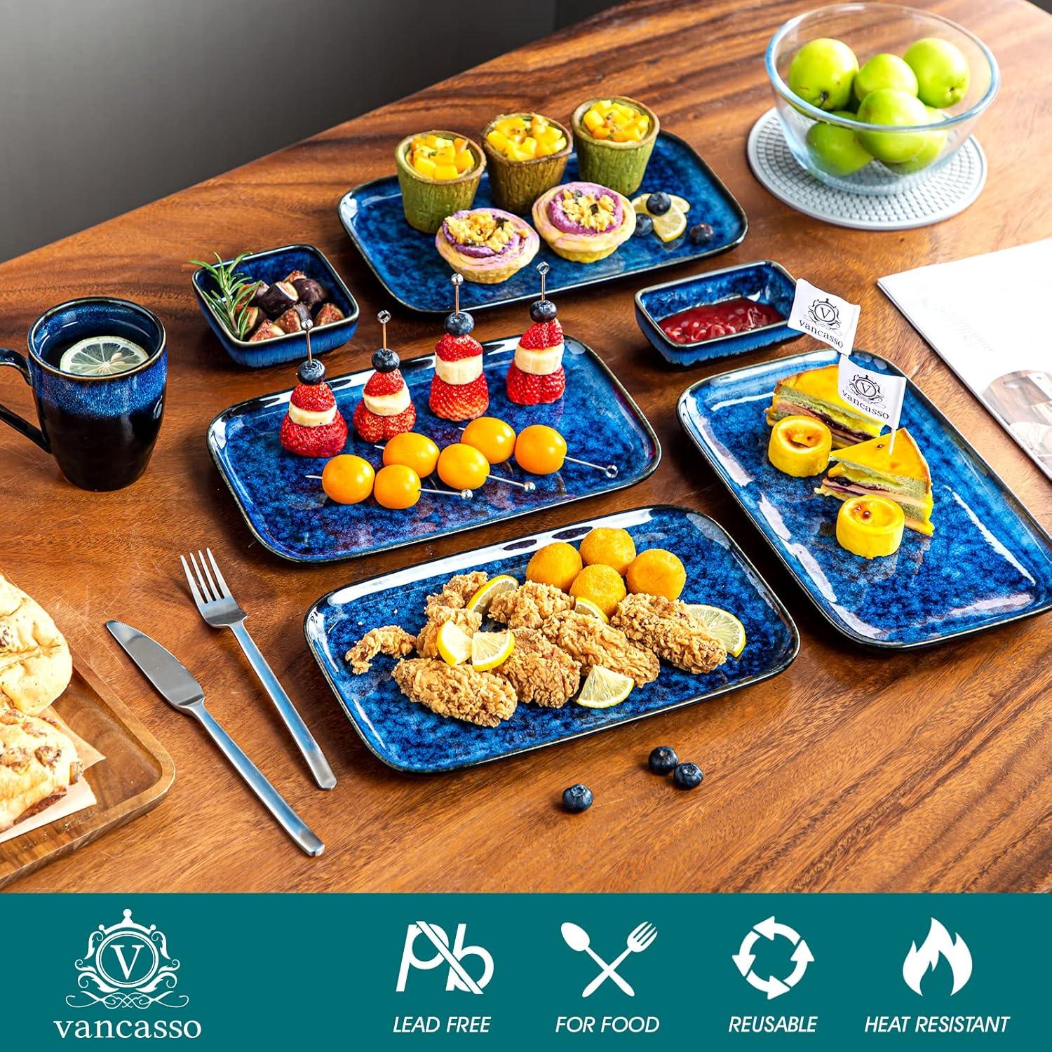 Servierplatten Set 4 Personen Steingut Geschirr Blau-Grün