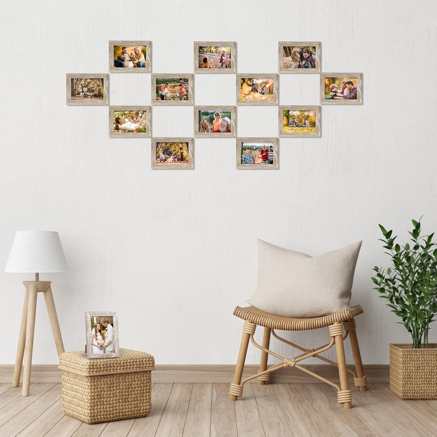 12er Set Bilderrahmen 9x13 cm Beige Fotorahmen Collage Plexiglas Holzmaserung