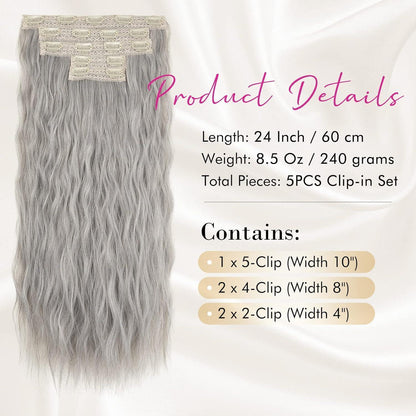 60cm lange Wellenhaarverlängerung mit Clips - Silber Grau