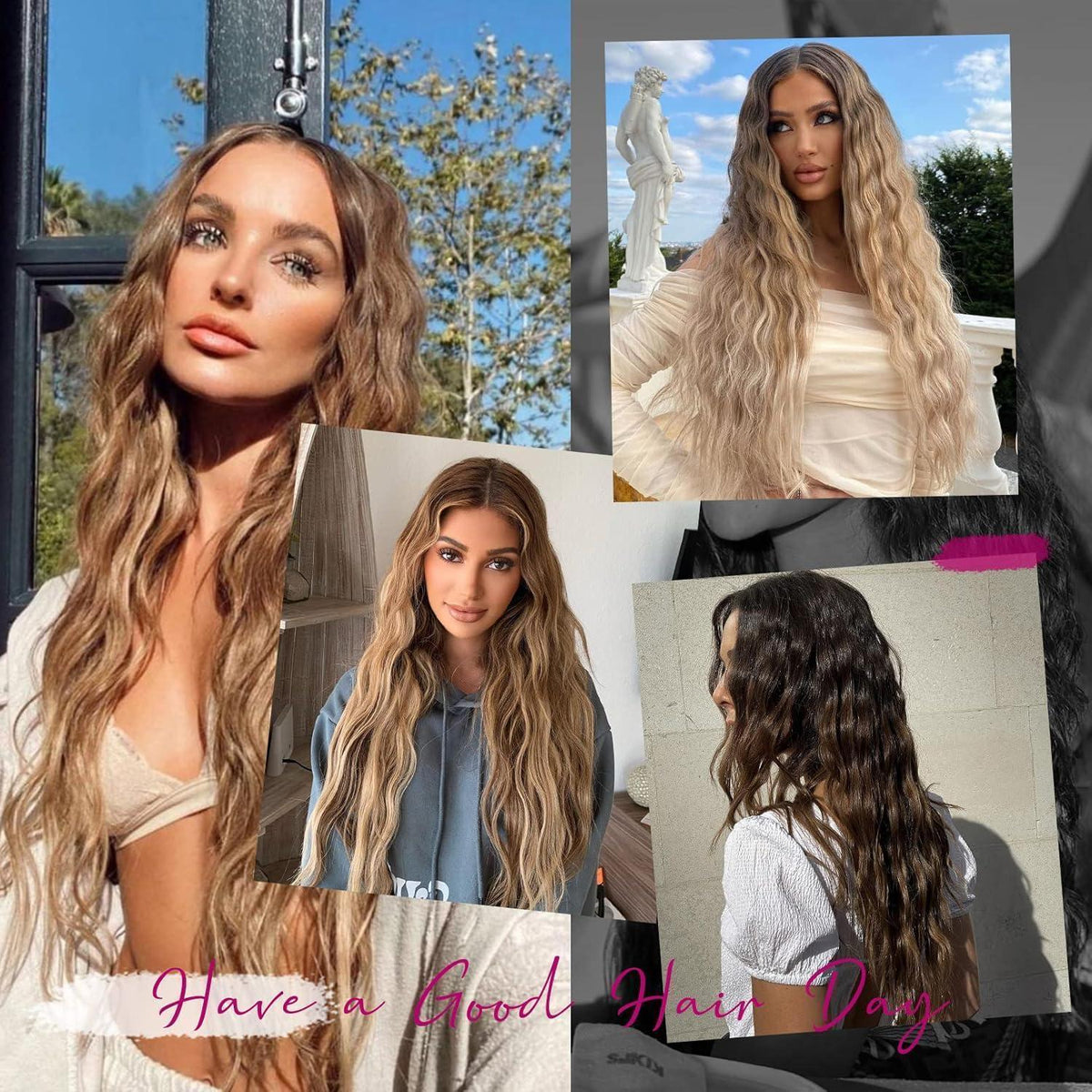 60cm lange Wellenhaarverlängerung mit Clips - Silber Grau