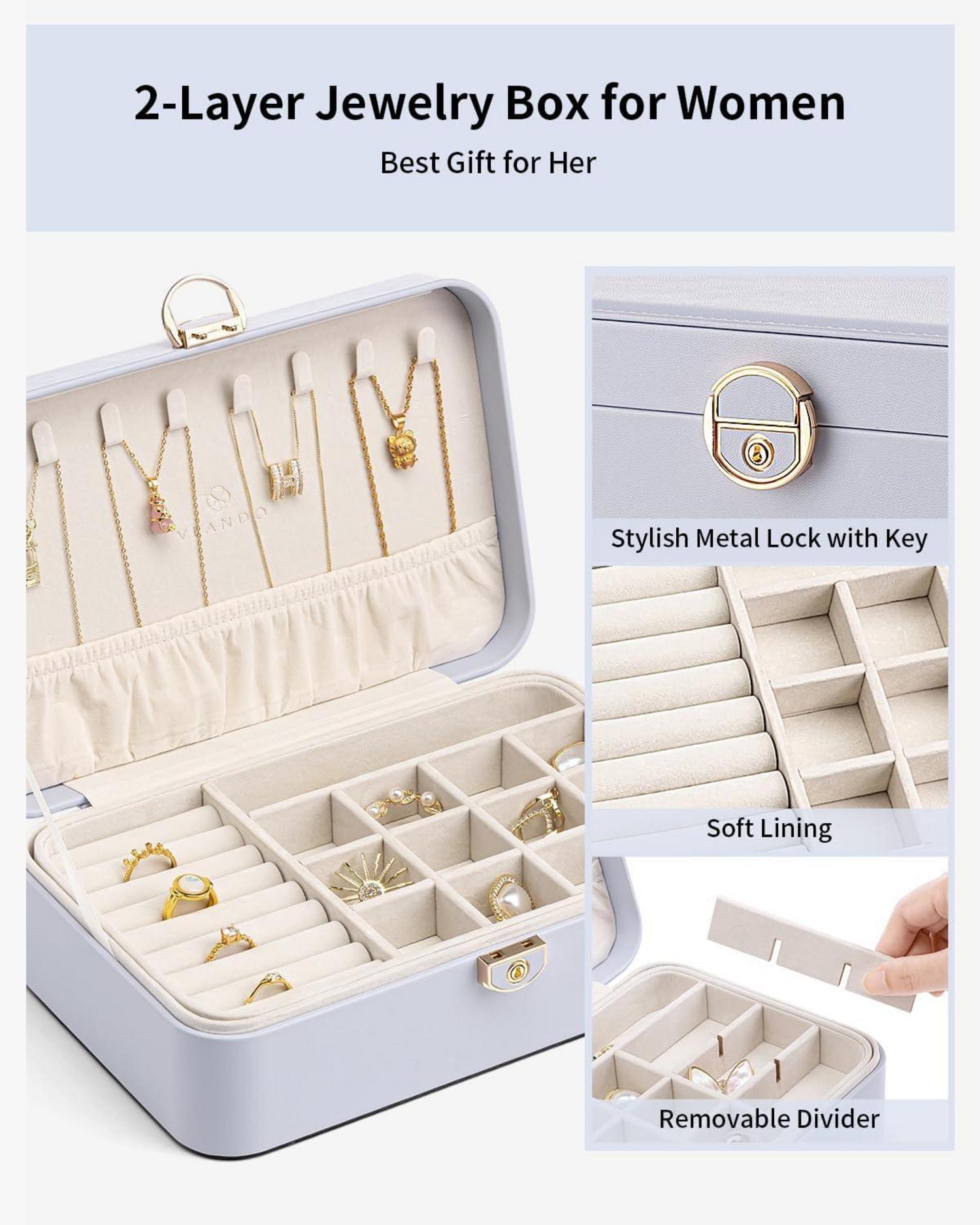 Vlando Schmuckkästchen Mädchen Damen Doppelschicht Lila, Abschließbar, Schmuckaufbewahrung Box Ringe Ohrringe Armbänder