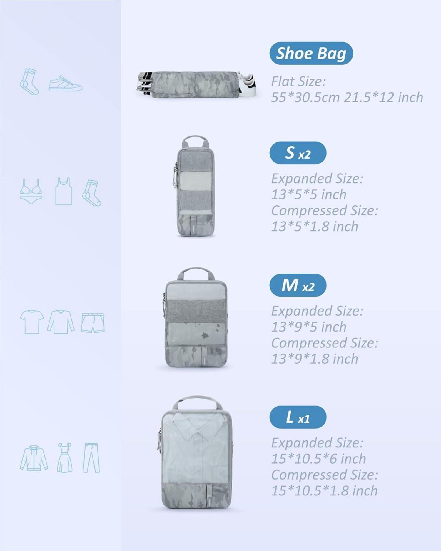 Packwürfel Set 6-teilig mit Wäschesack für Rucksack und Koffer Organizer
