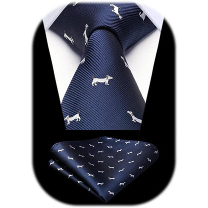 Herren Krawatten Set mit Einstecktuch, Hundemuster, Marineblau