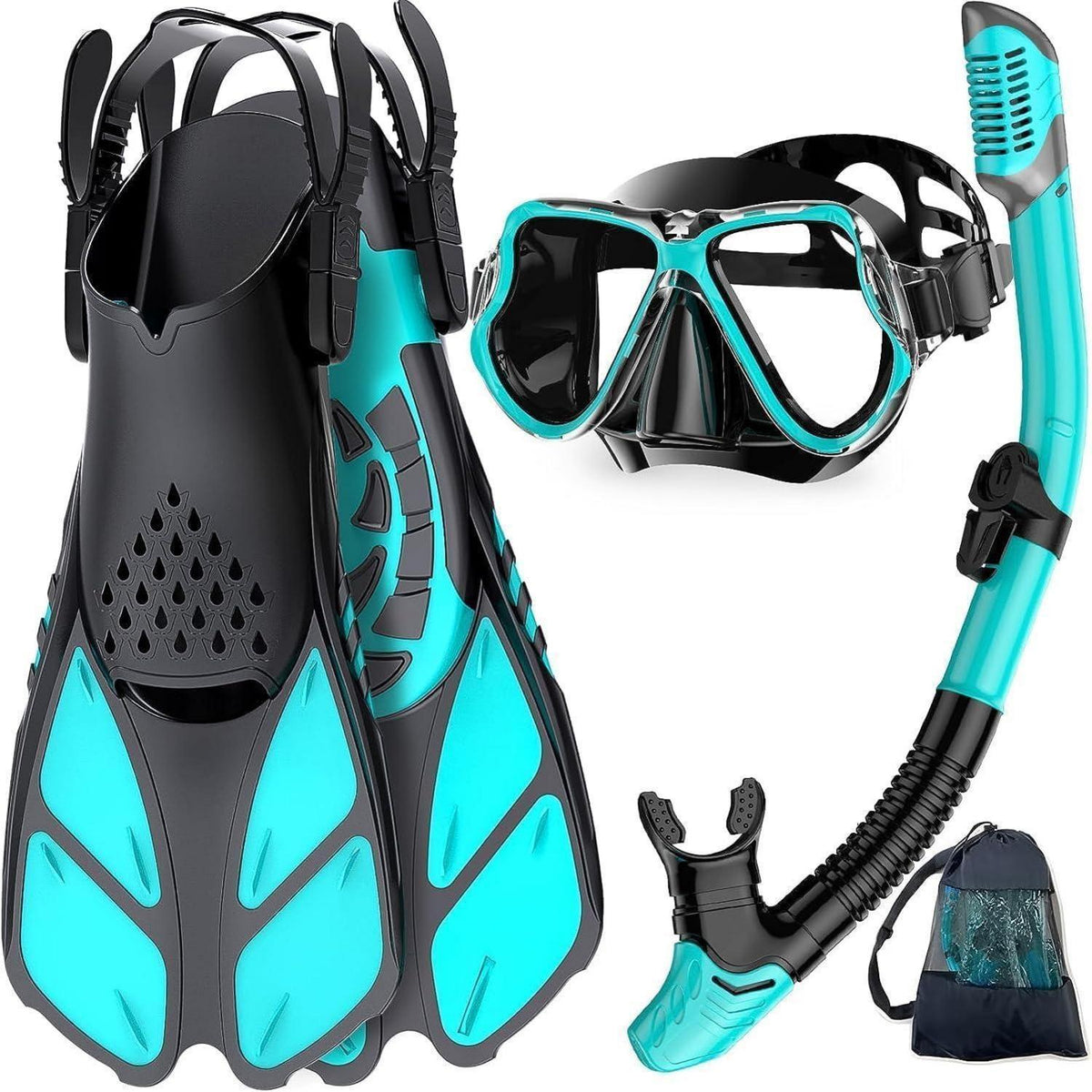 Schnorchelset Erwachsene mit Flossen, Panorama Maske, Dry Top Schnorchel, Schwarzgrün S/M