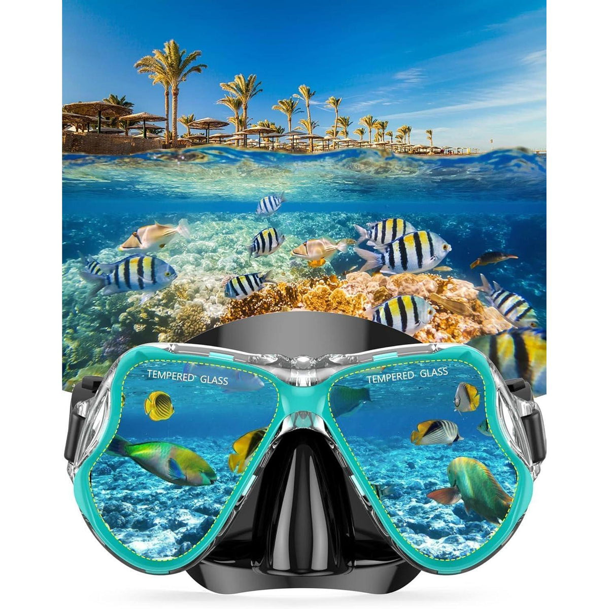 Schnorchelset Erwachsene mit Flossen, Panorama Maske, Dry Top Schnorchel, Schwarzgrün S/M
