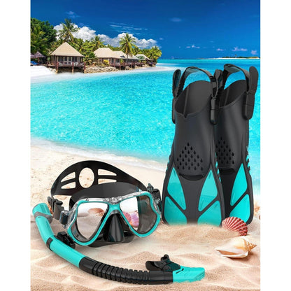 Schnorchelset Erwachsene mit Flossen, Panorama Maske, Dry Top Schnorchel, Schwarzgrün S/M