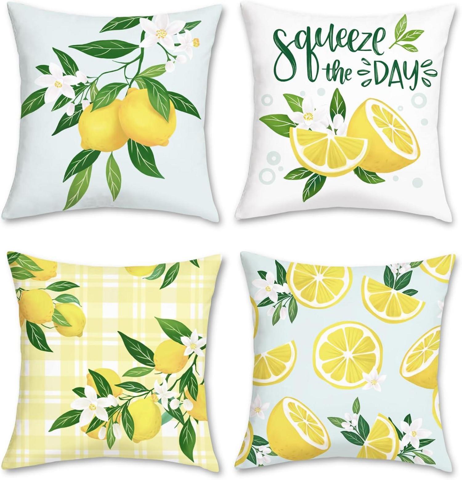 4er Set Zitronen Kissenbezüge 45 x 45 cm Samt Soft Dekorative