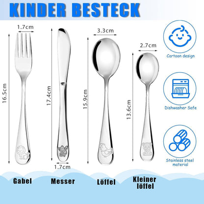 Kinderbesteck Set 4-teilig Edelstahl Tiere – Geschenk für Kinder