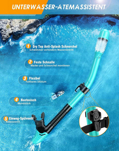 Lealinga Schnorchelset Erwachsene Verstellbare Taucherflossen Anti-Leck Anti-Fog Dry Schnorchel 3in1 Profi Set SM Grün