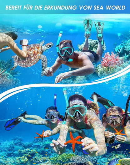 Lealinga Schnorchelset Erwachsene S/M Grün Flossen Brille Dry Schnorchel 3 in 1