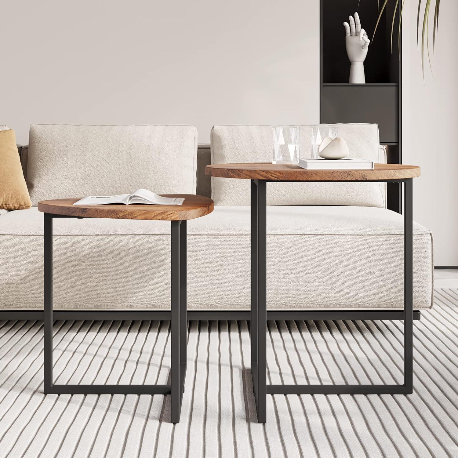 Runder Couchtisch 2er-Set Holzoptik Metallrahmen Beistelltisch