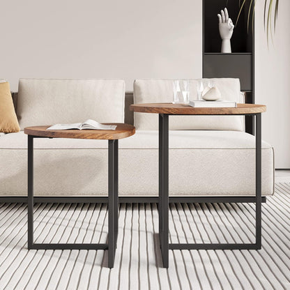 Runder Couchtisch 2er-Set Holzoptik Metallrahmen Beistelltisch