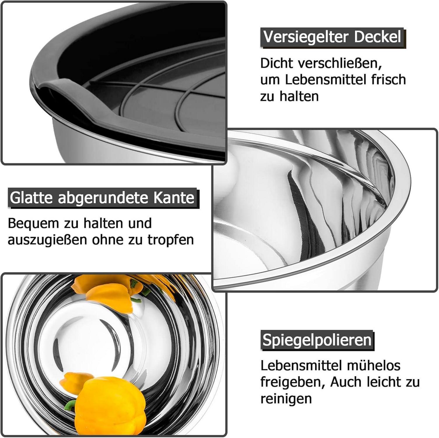 3er Set Edelstahl Schüsseln mit Luftdicht Deckel Schwarz 4,5L / 2,5 L