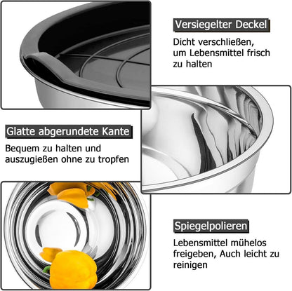 3er Set Edelstahl Schüsseln mit Luftdicht Deckel Schwarz 4,5L / 2,5 L