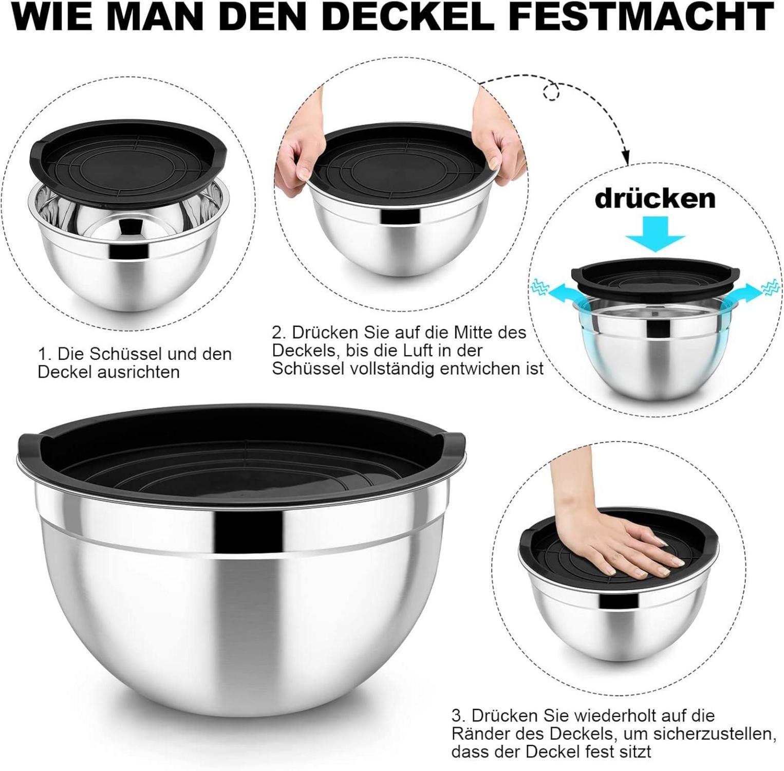 TEAMFAR Edelstahl Rührschüssel Set Schwarz Salatschüssel Luftdicht Deckel 4,5L