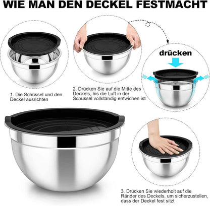 TEAMFAR Edelstahl Rührschüssel Set Schwarz Salatschüssel Luftdicht Deckel 4,5L