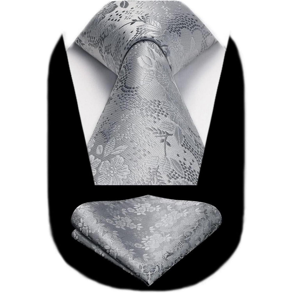 Krawatten-Set Seide mit Einstecktuch, Silber mit weißer Blume
