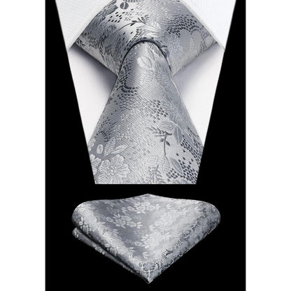 Krawatten-Set Seide mit Einstecktuch, Silber mit weißer Blume