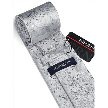 Krawatten-Set Seide mit Einstecktuch, Silber mit weißer Blume