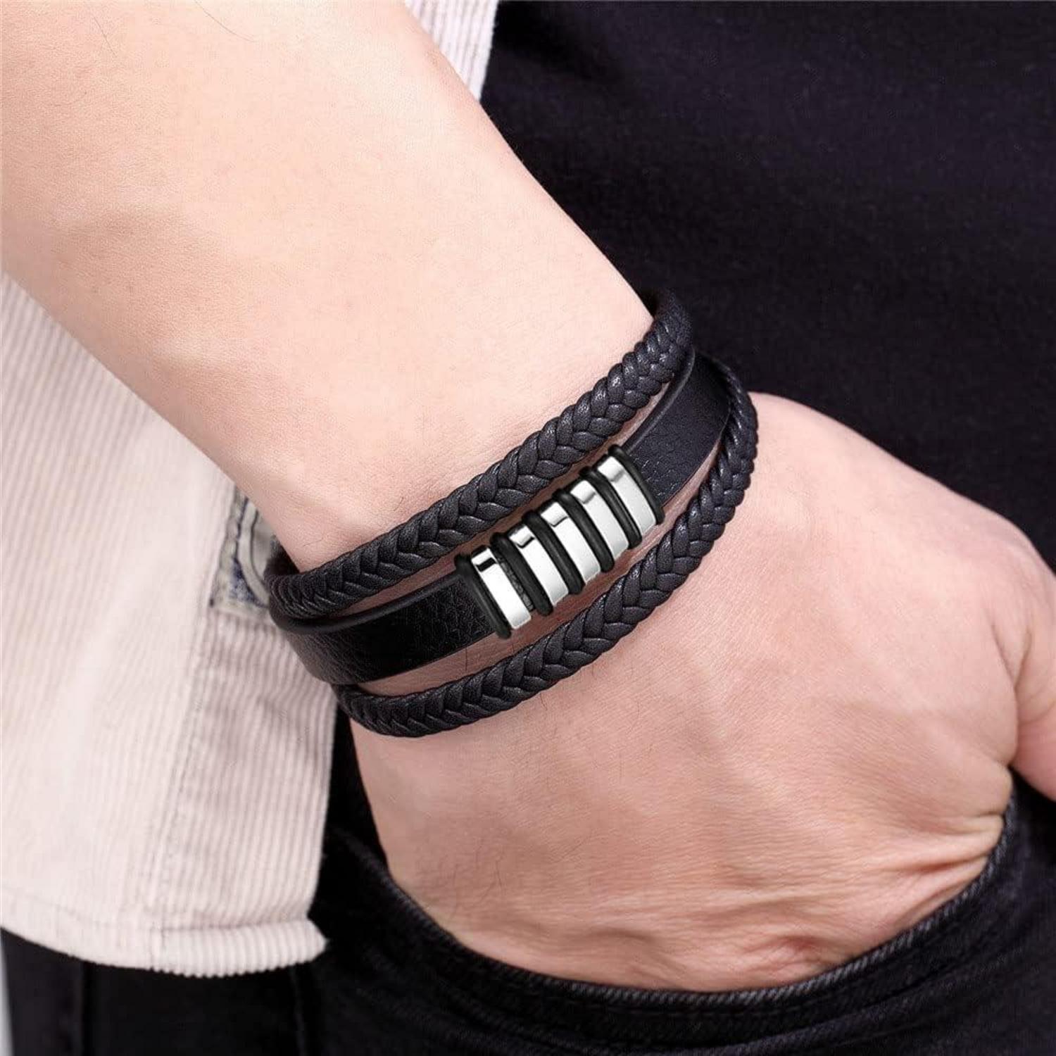 Handgeflochtenes Herren Lederarmband Schwarz mit Magnetverschluss
