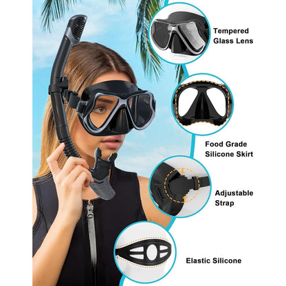 Schnorchelset Erwachsene mit Tauchmaske und Dry Schnorchel, Schwarz