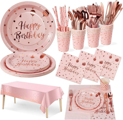 Partygeschirr Set 161-teilig für Kindergeburtstag Rotgold & Pastell