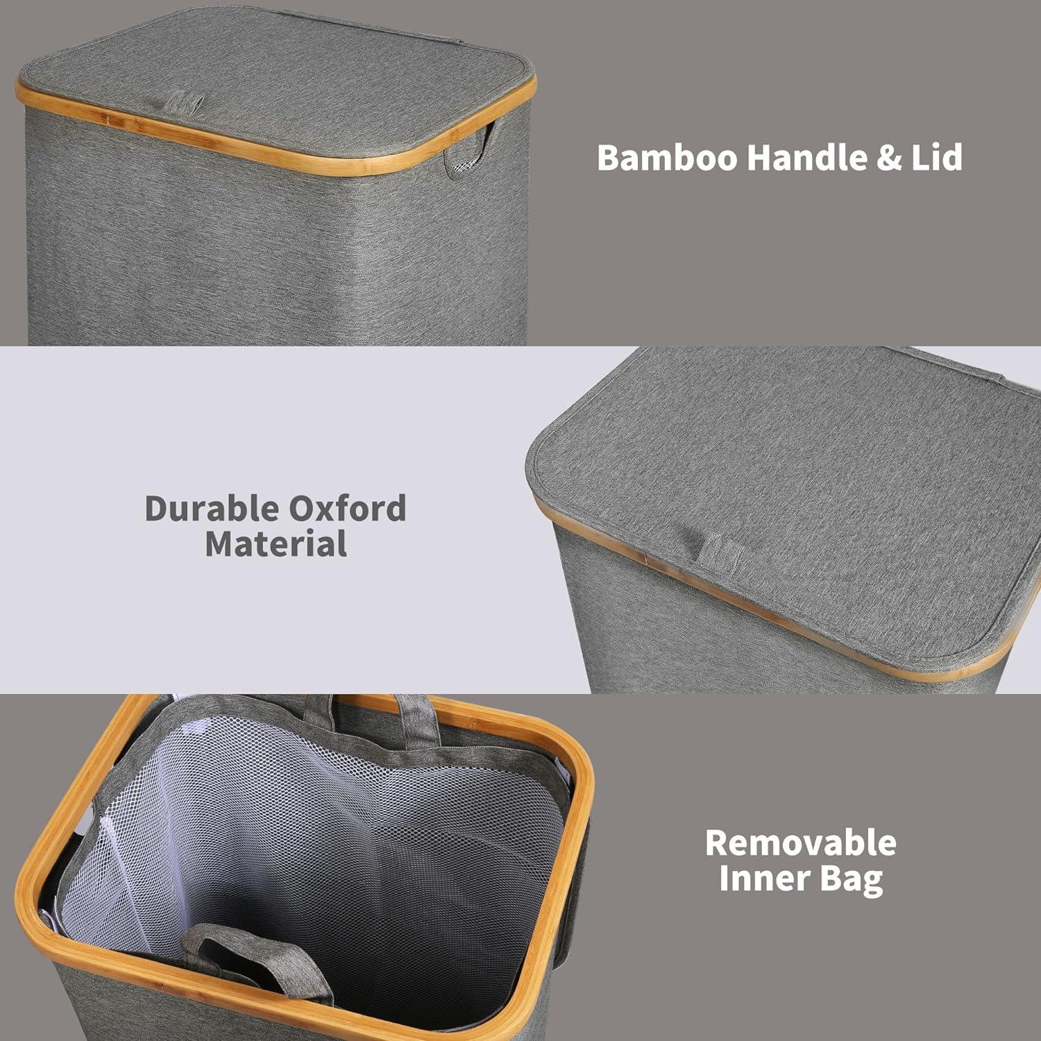 efluky Wäschekorb 120L Bambus Deckel faltbarer Waschekorb Grau