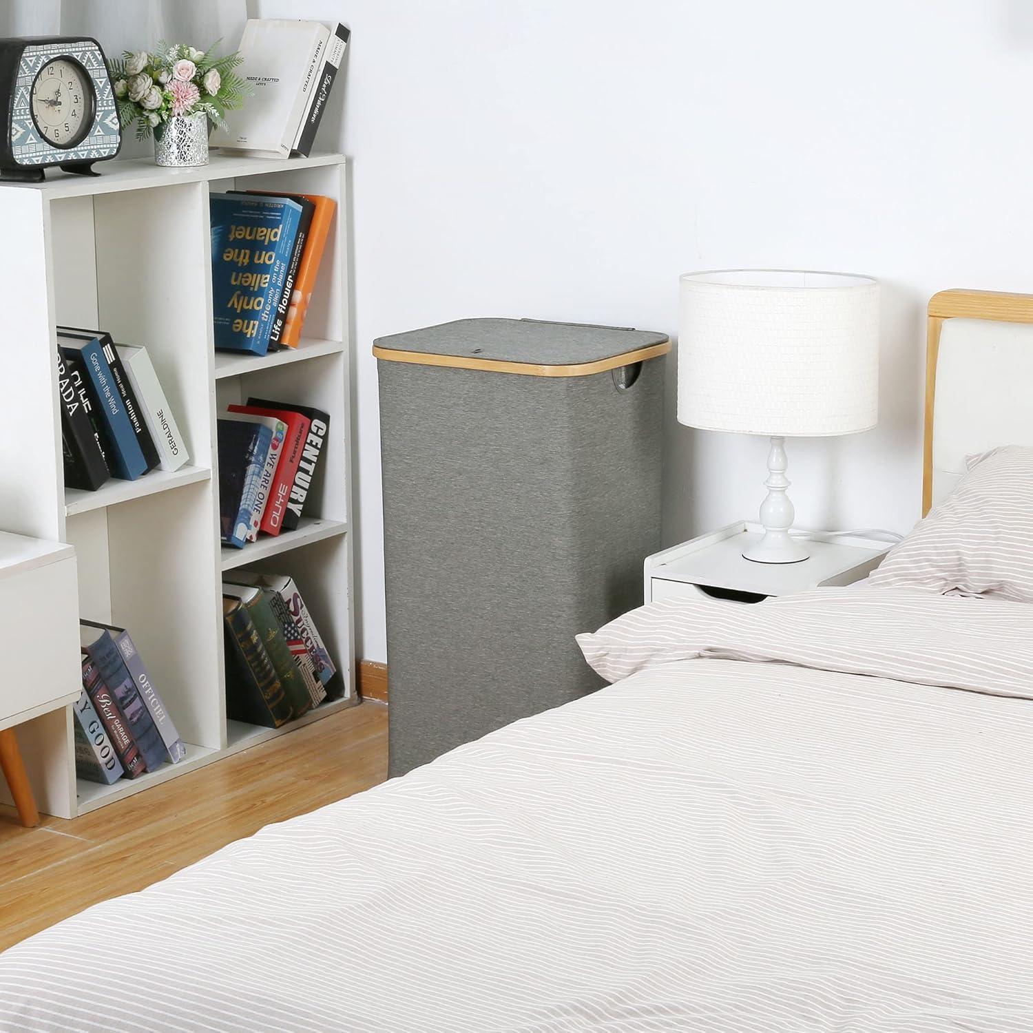 efluky Wäschekorb 120L Bambus Deckel faltbarer Waschekorb Grau