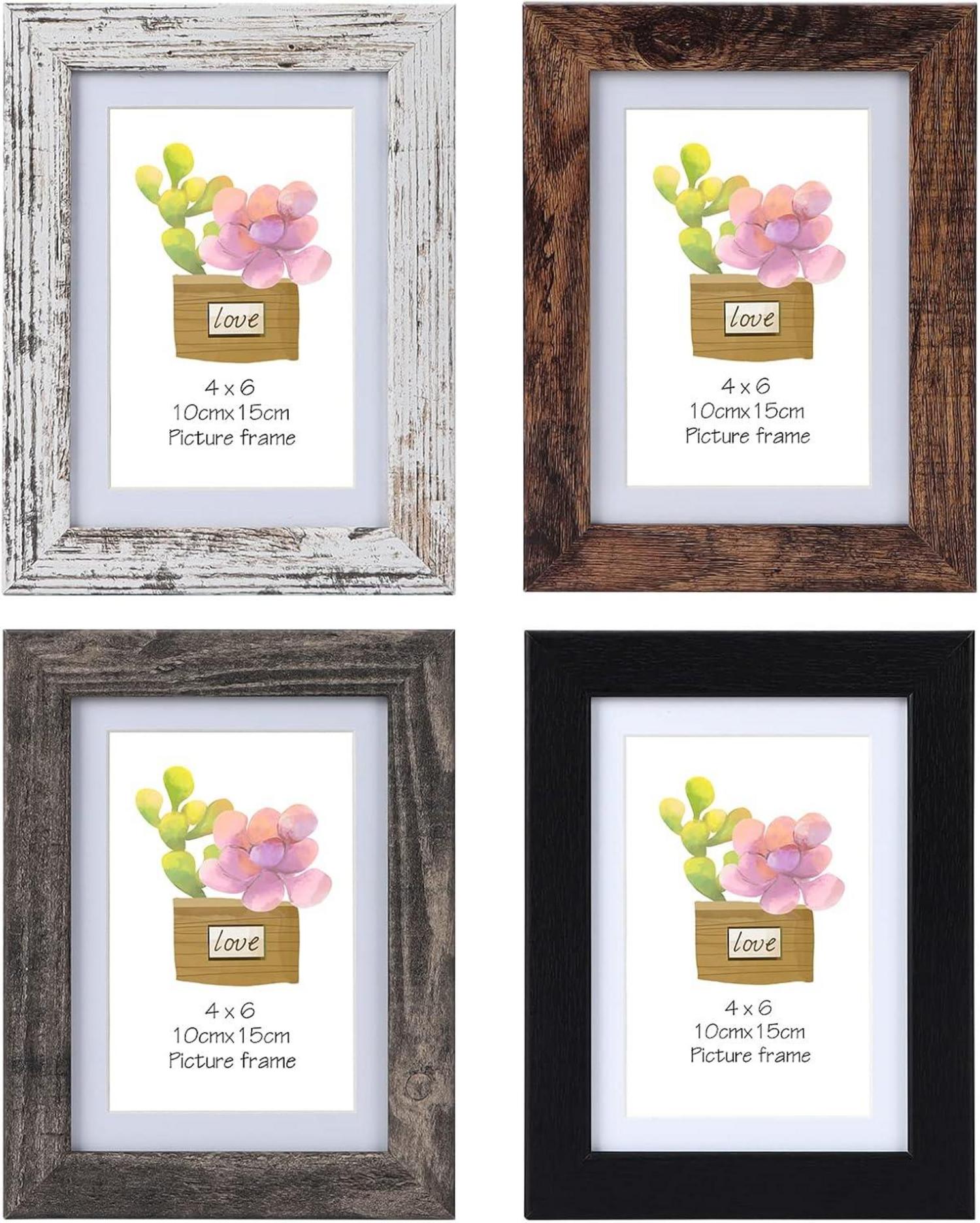 Rustikale Holz Bilderrahmen 10x15 cm 4er-Set mit Passepartout 10x15cm