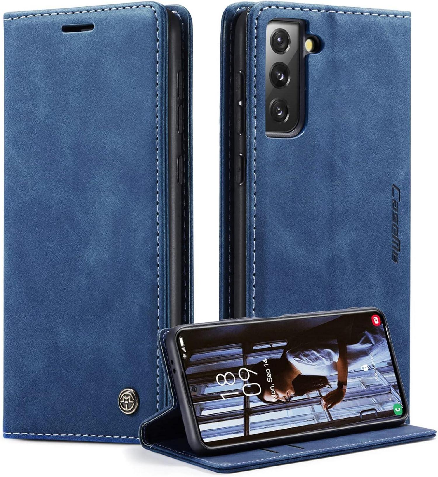 Handyhülle Samsung Galaxy S21 5G Leder Klappbar Magnet Blau