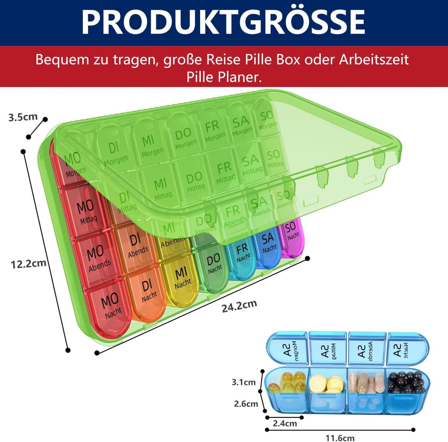 Tablettenbox 7 Tage für Kinder Ältere mit 3 Fächern, Grün