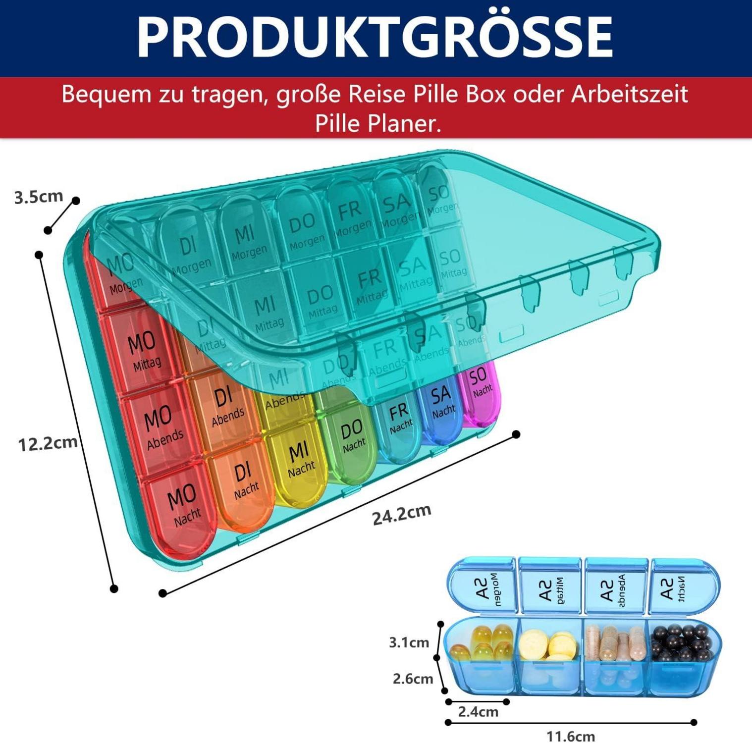 Tablettenbox 7 Tage Klein Pillendose 3 Fächer Luftdicht Cyan