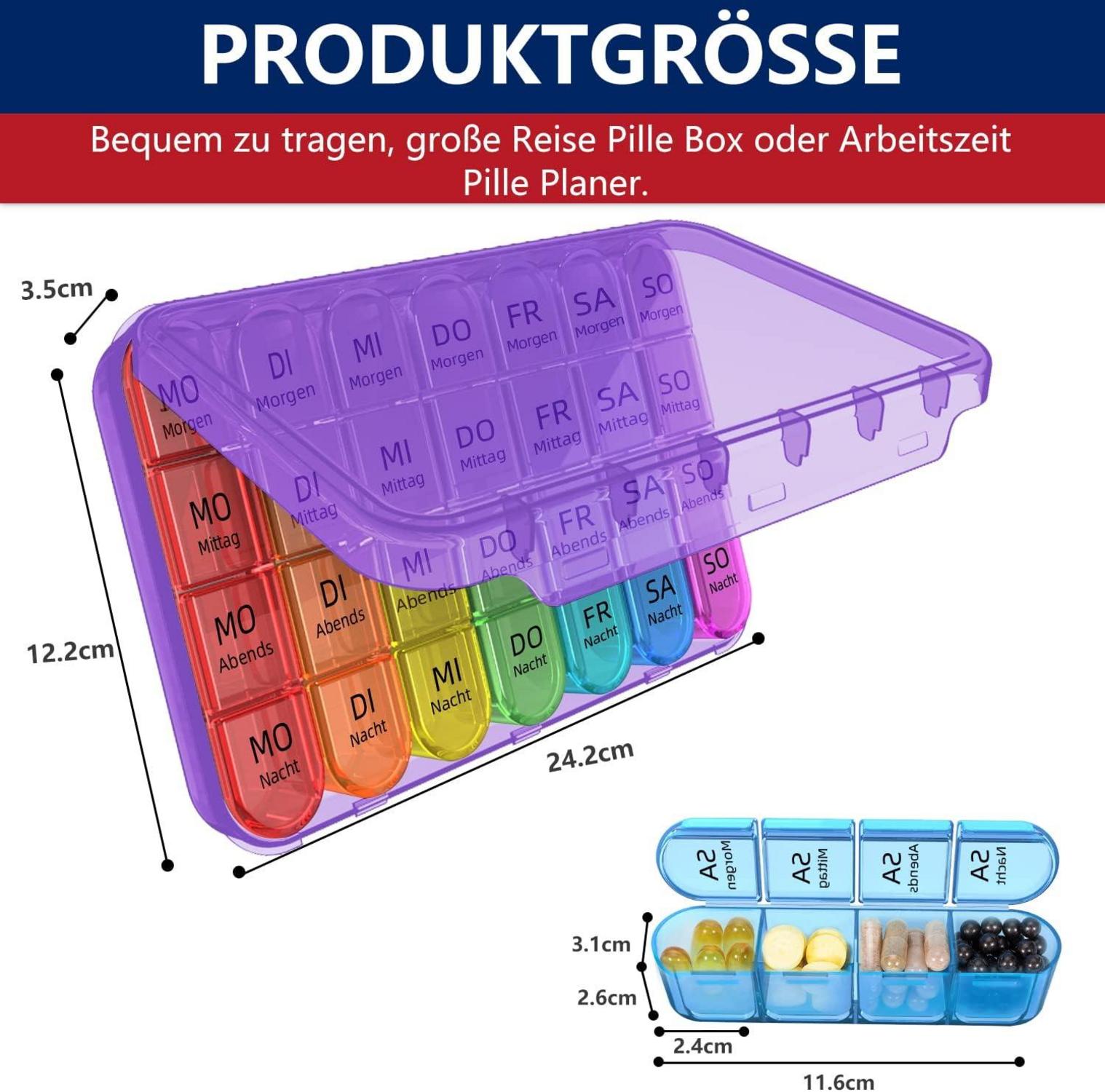 Tablettenbox 7 Tage 3 Fächer, Pillendose Luftdicht & Portabel - Lila