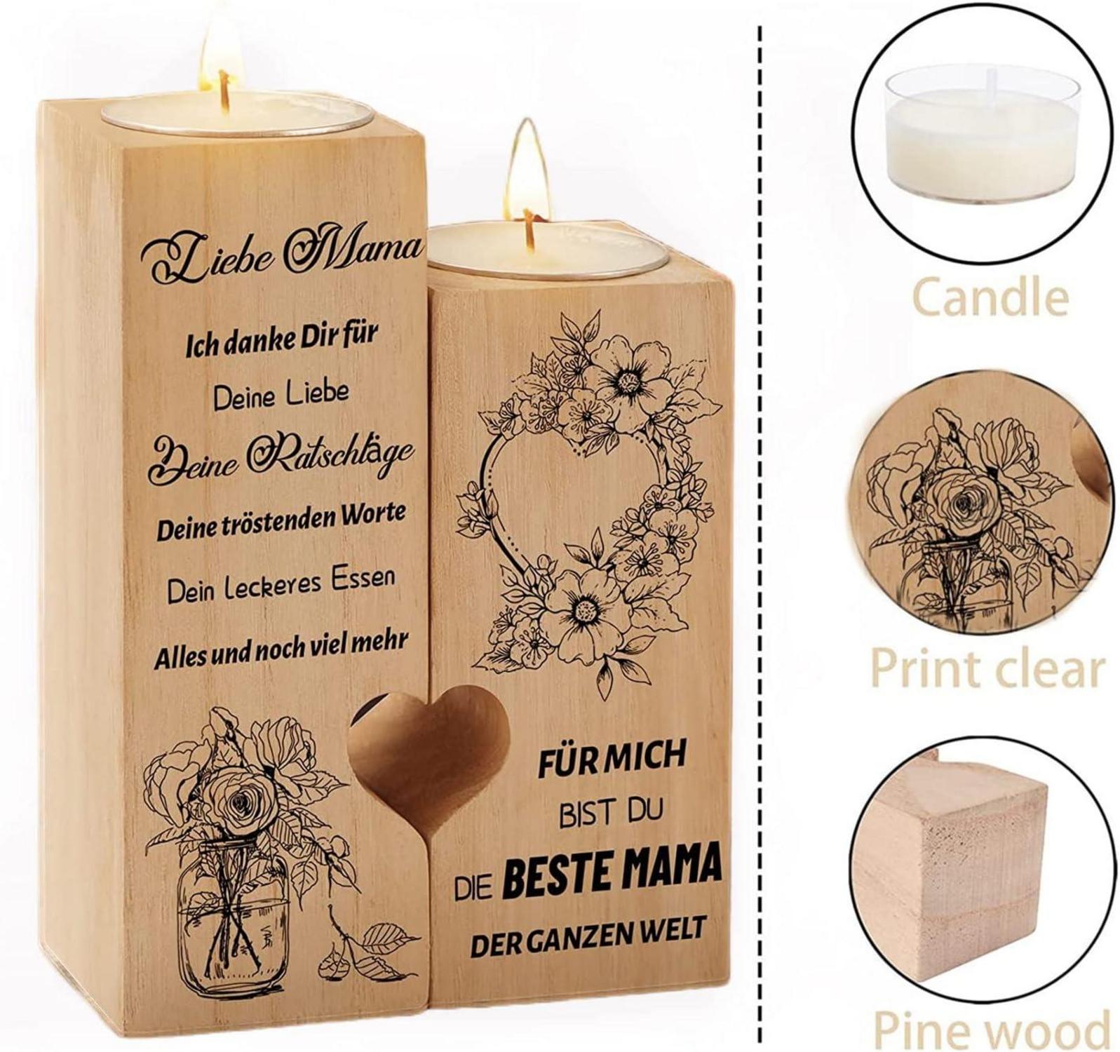 Kerzenständer Holz Mama Geschenk Herz Teelichthalter Dankbarkeit