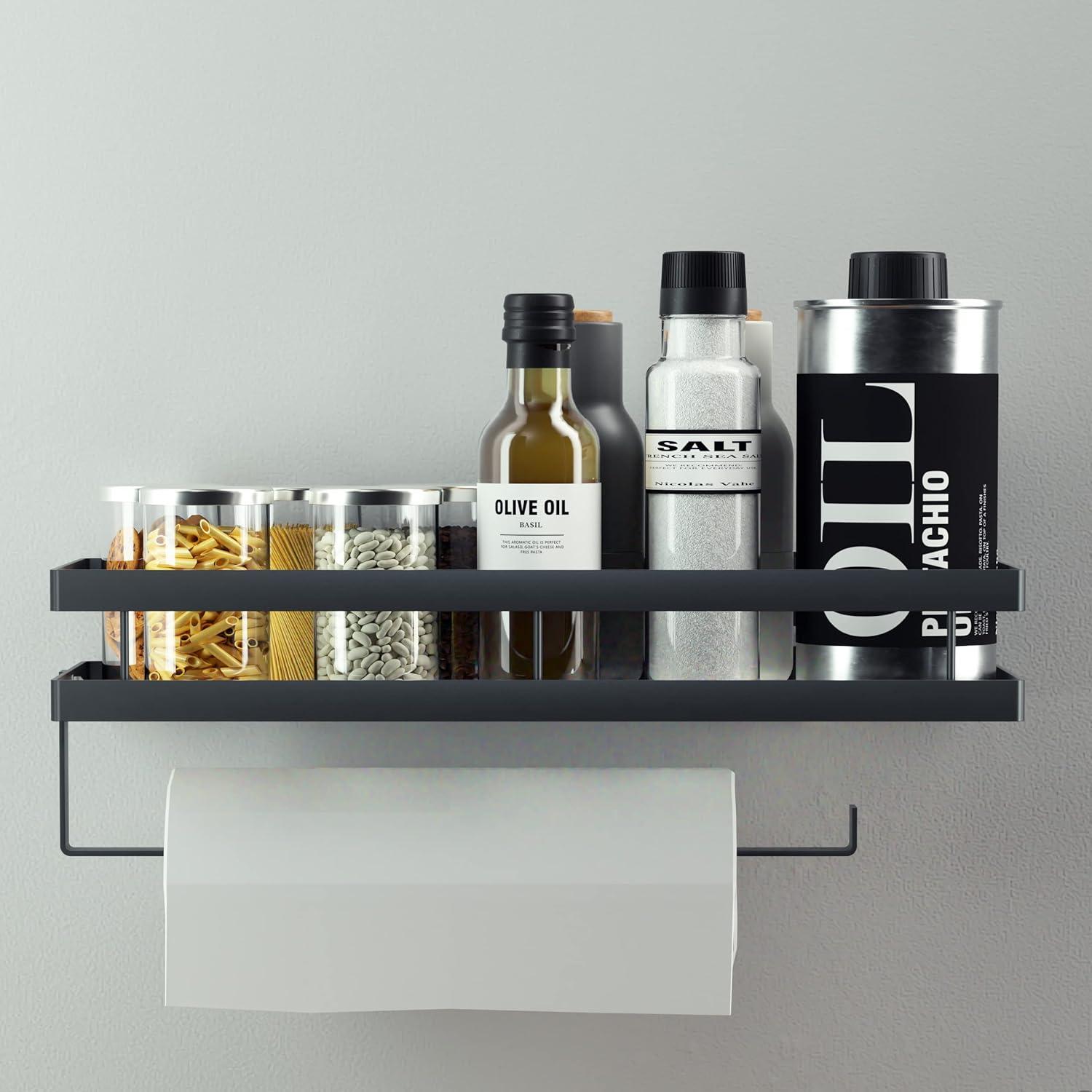 Gewürzregal ohne Bohren, Hängend mit Küchenrollenhalter, 4 Haken - 35cm Schwarz