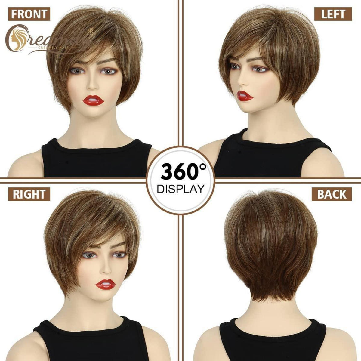 Braune Pixie Cut Damen Perücke mit Pony & Blond Highlights