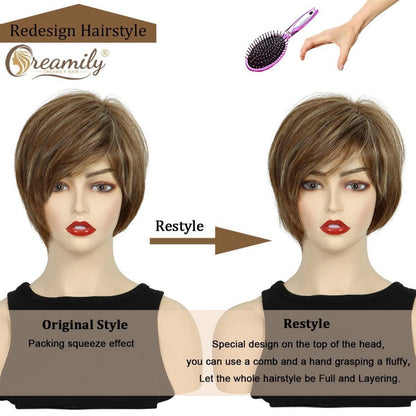 Braune Pixie Cut Damen Perücke mit Pony & Blond Highlights