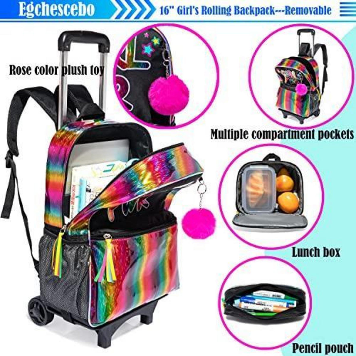 Kinder Rollkoffer Rucksack Set für Mädchen Rosa & Schwarz