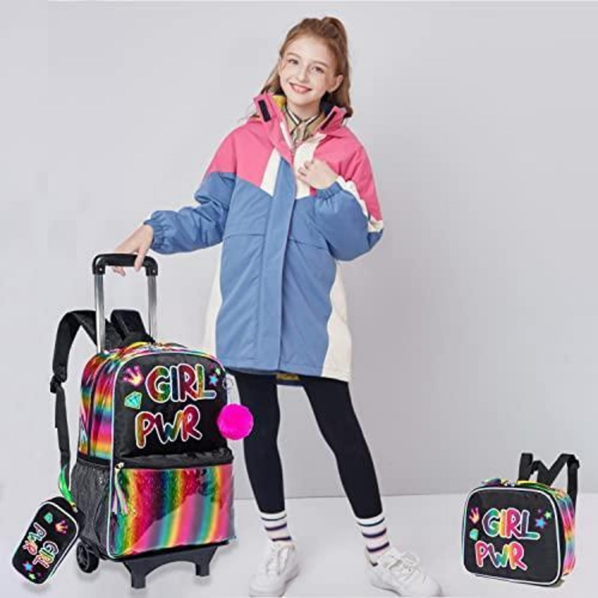 Kinder Rollkoffer Rucksack Set für Mädchen Rosa & Schwarz