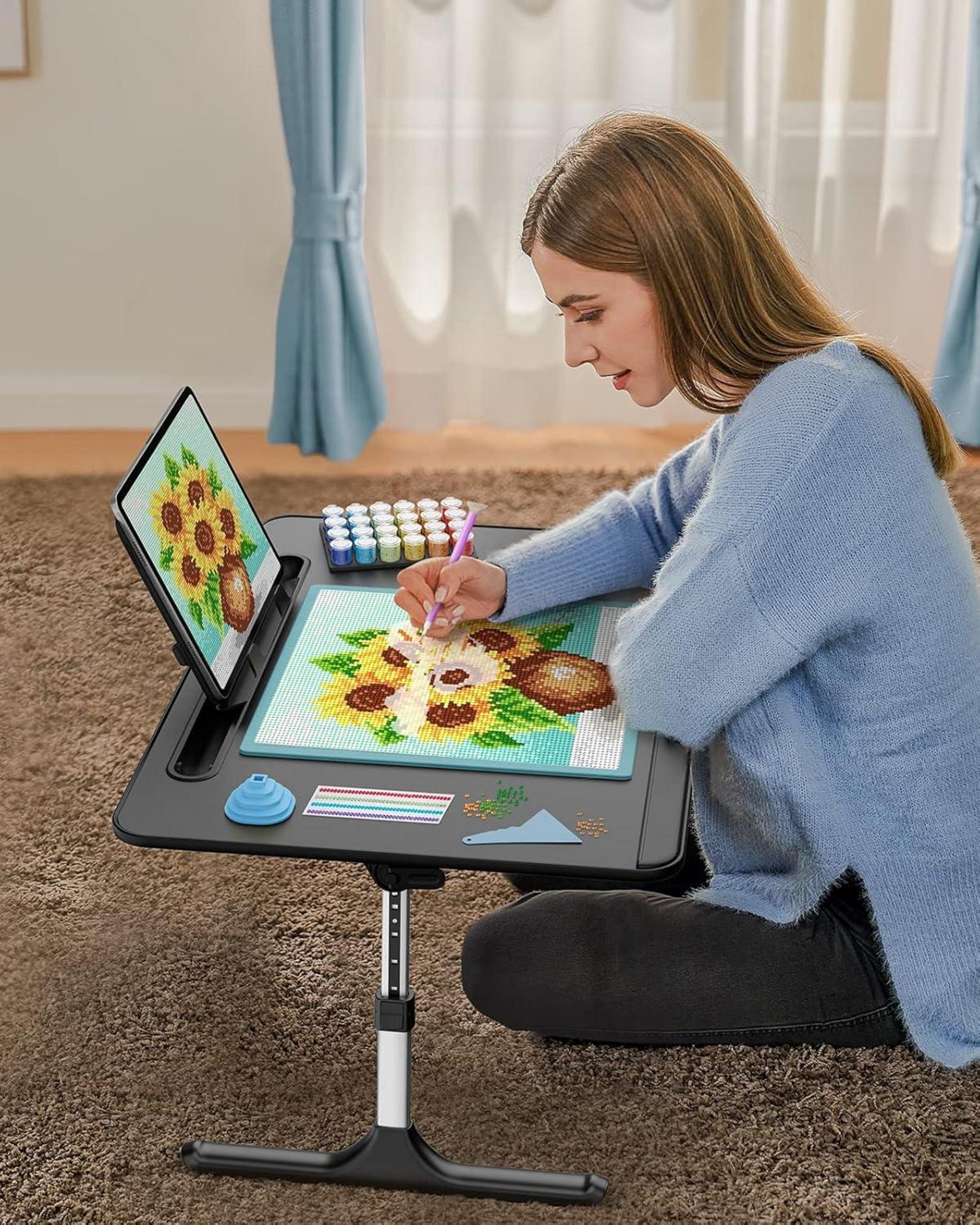 Laptoptisch Bett Tisch mit LED Lampe Höhen verstellbar Buchständer & Schublade