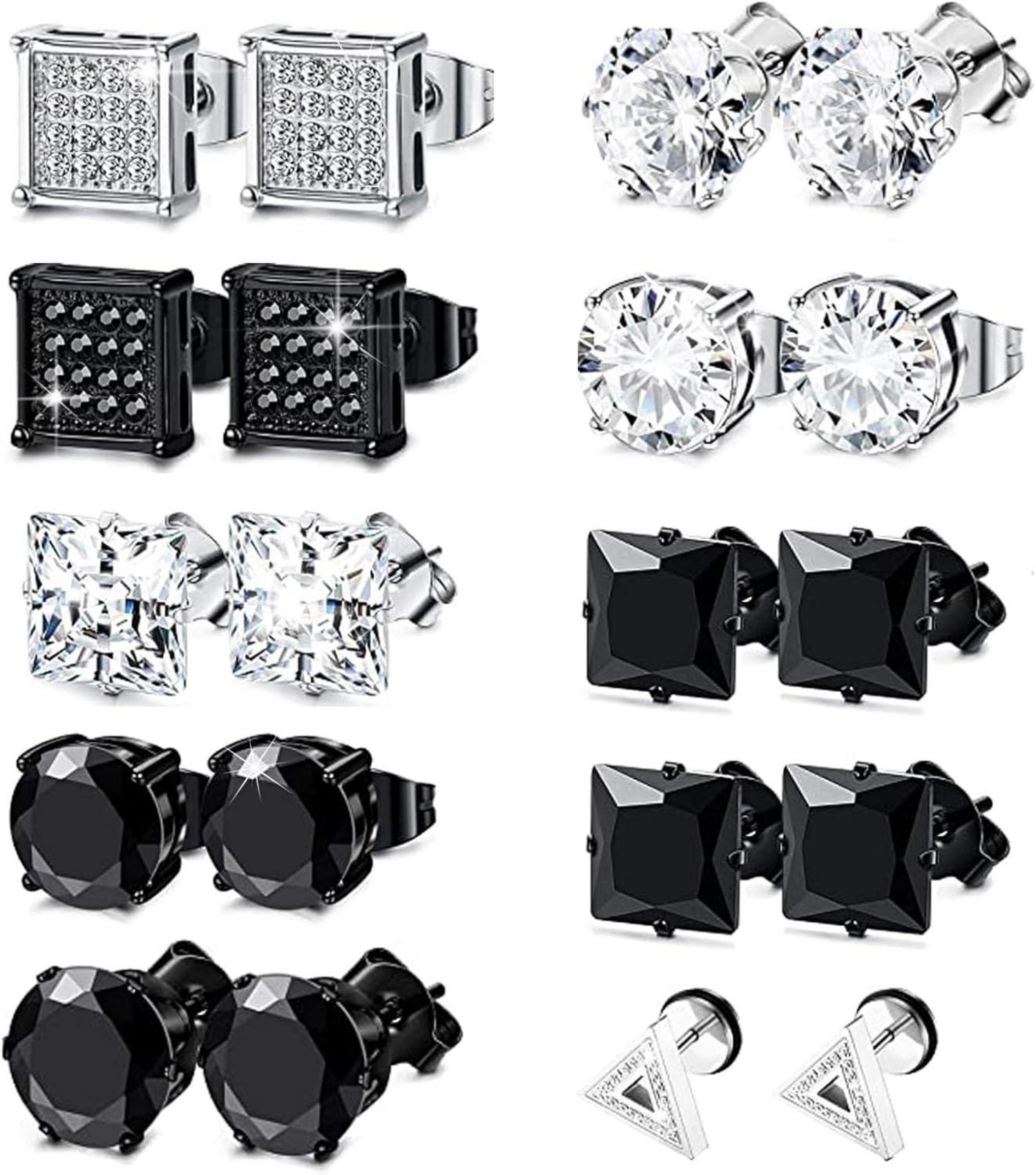 10 Paar Schwarze Diamant Ohrstecker Set für Männer Frauen