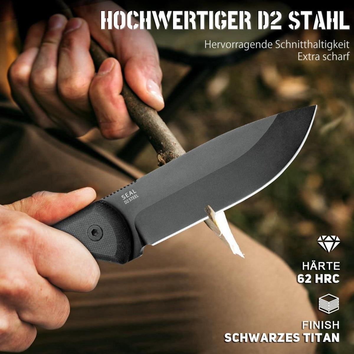 Survival Messer D2 Stahl Full Tang mit Feuerstahl & Kydex Holster