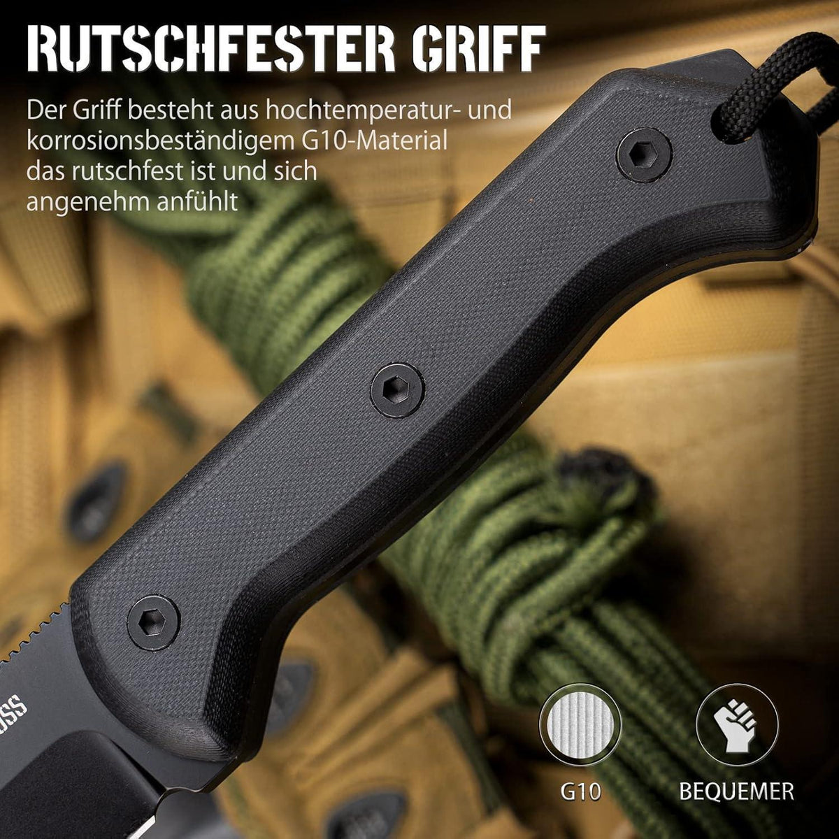Survival Messer D2 Stahl Full Tang mit Feuerstahl & Kydex Holster