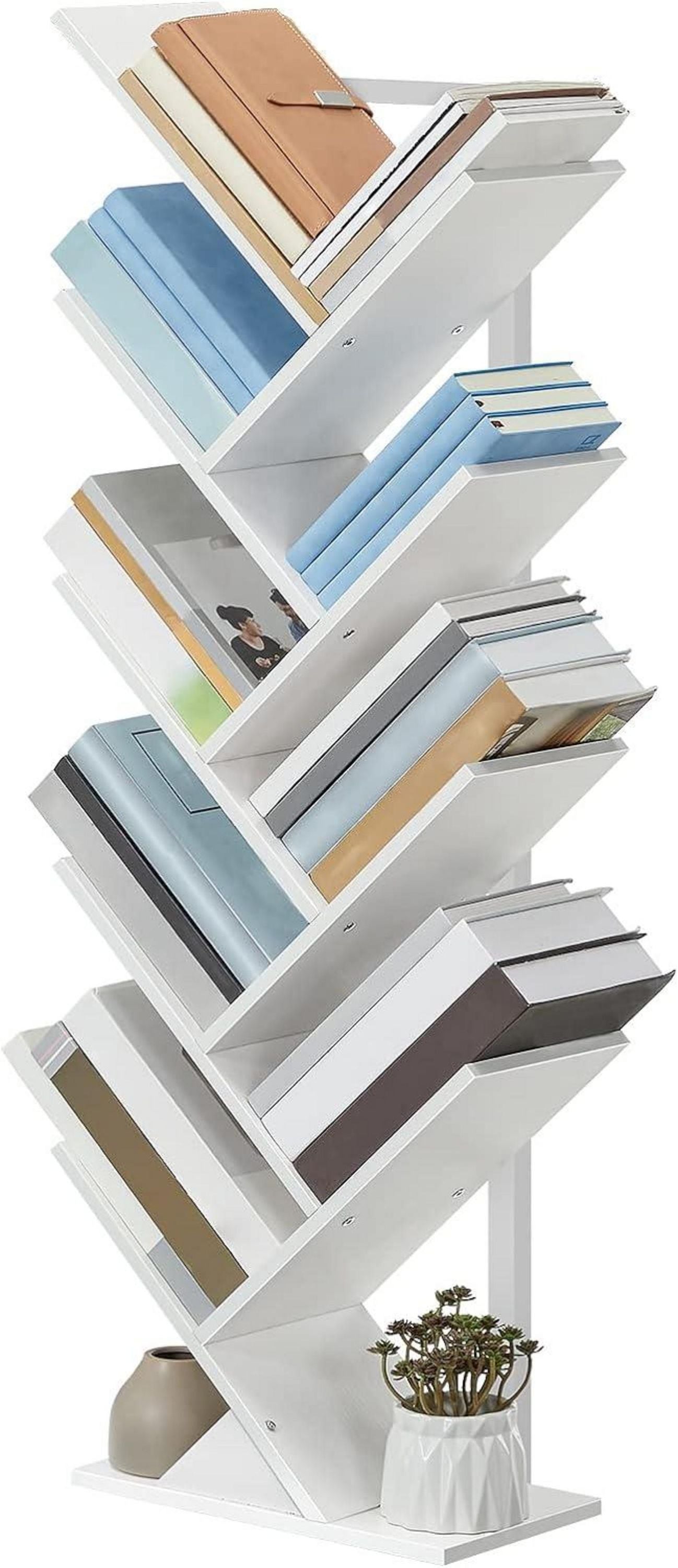 Stabiles Bücherregal in Baumform für Wohnzimmer in Weiß, 9 Ebenen
