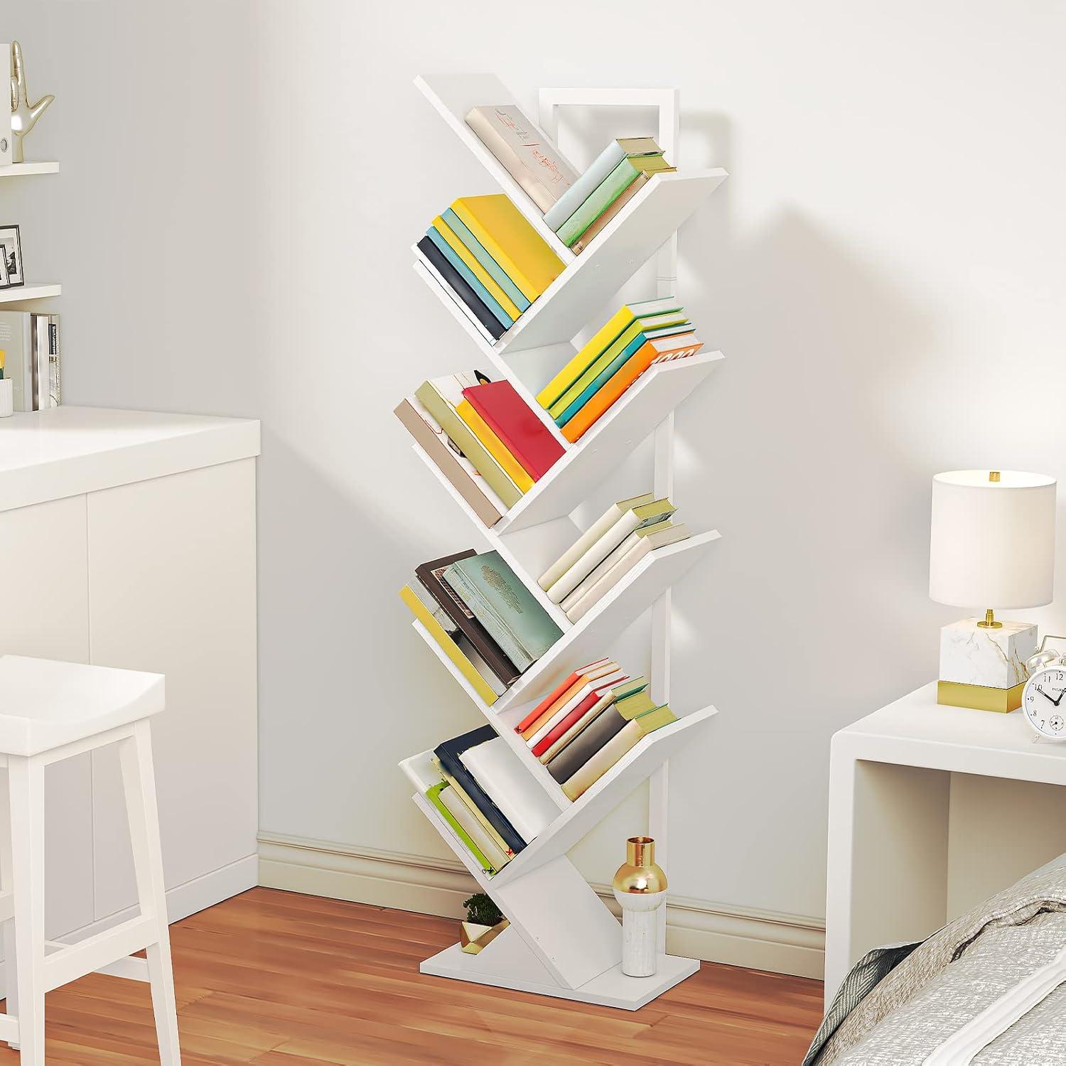 HOOBRO Bücherregal Baumform 9 Ebenen Heimbüro Aufbewahrung CDs Weiss 34x20x116 cm